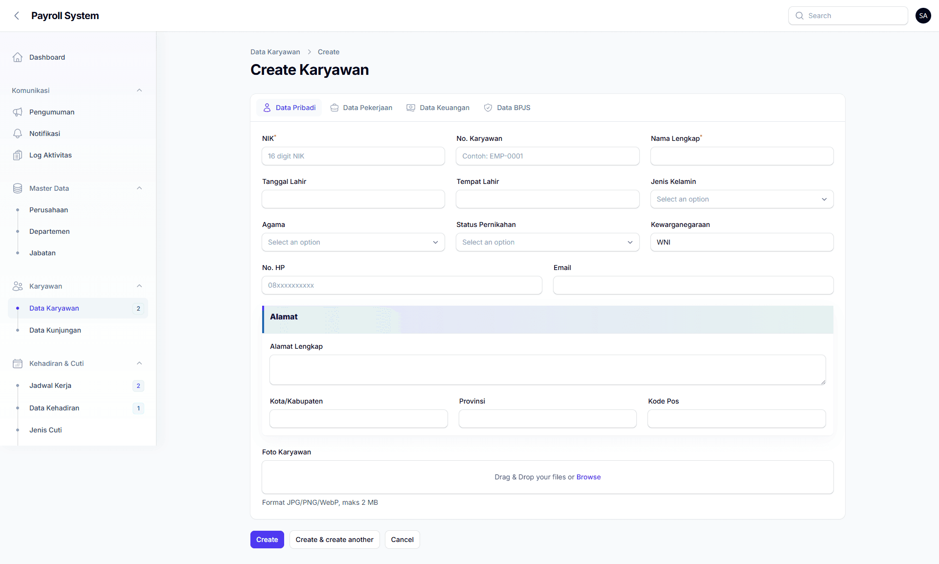 Formulir input data karyawan dengan tab data pribadi, pekerjaan, keuangan, dan BPJS