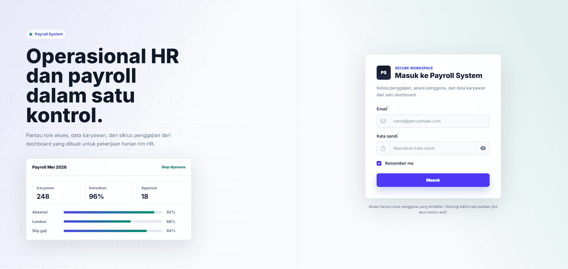Halaman login Talvora dengan ringkasan payroll berjalan