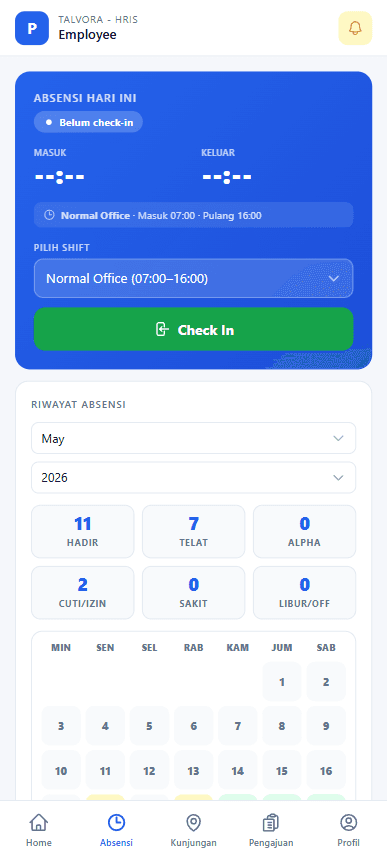 Layar absensi di aplikasi mobile Talvora menampilkan status check-in dan riwayat kehadiran bulanan
