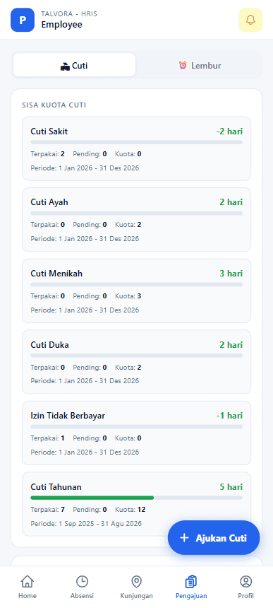 Layar cuti di aplikasi mobile Talvora menampilkan sisa kuota cuti dan riwayat pengajuan